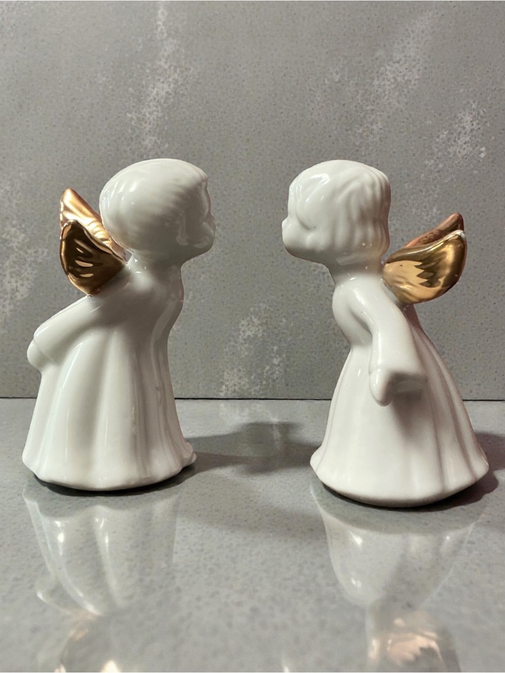 White Ceramic Vintage Kissing Angel Figurines with Gold Wings